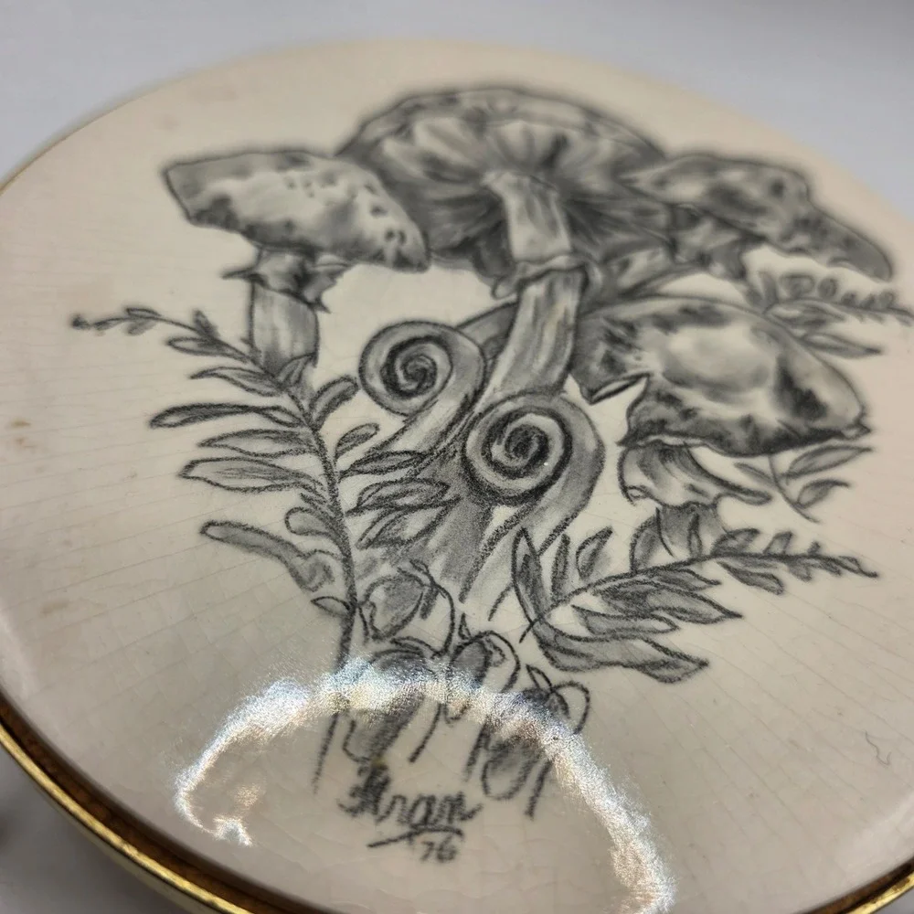 Vintage 1976 Fran Artist Signed Mushroom Fern Ceramic Footed Trivet 6 Inch Round